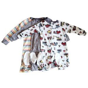 Baby Footed Pajamas Set Of 3 Size 2T & 4T Cozy Fleece With Vehicles & Stripes